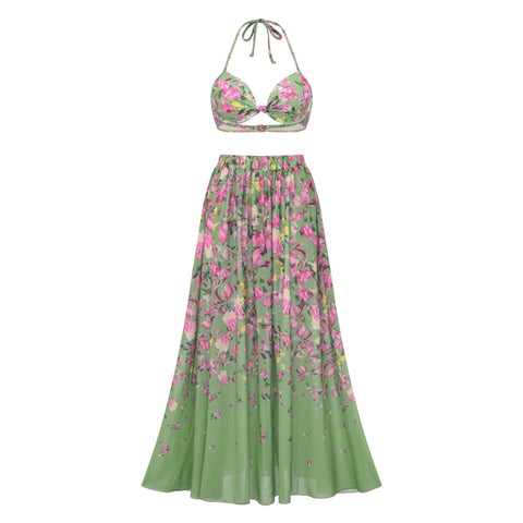 Floral Top & Plunging Ruched Swim Set and Skirt	