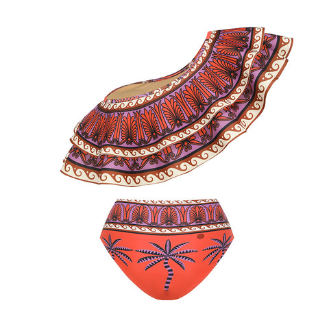 One Shoulder Ruffle Printed Bikini Swimsuit and Skirt
