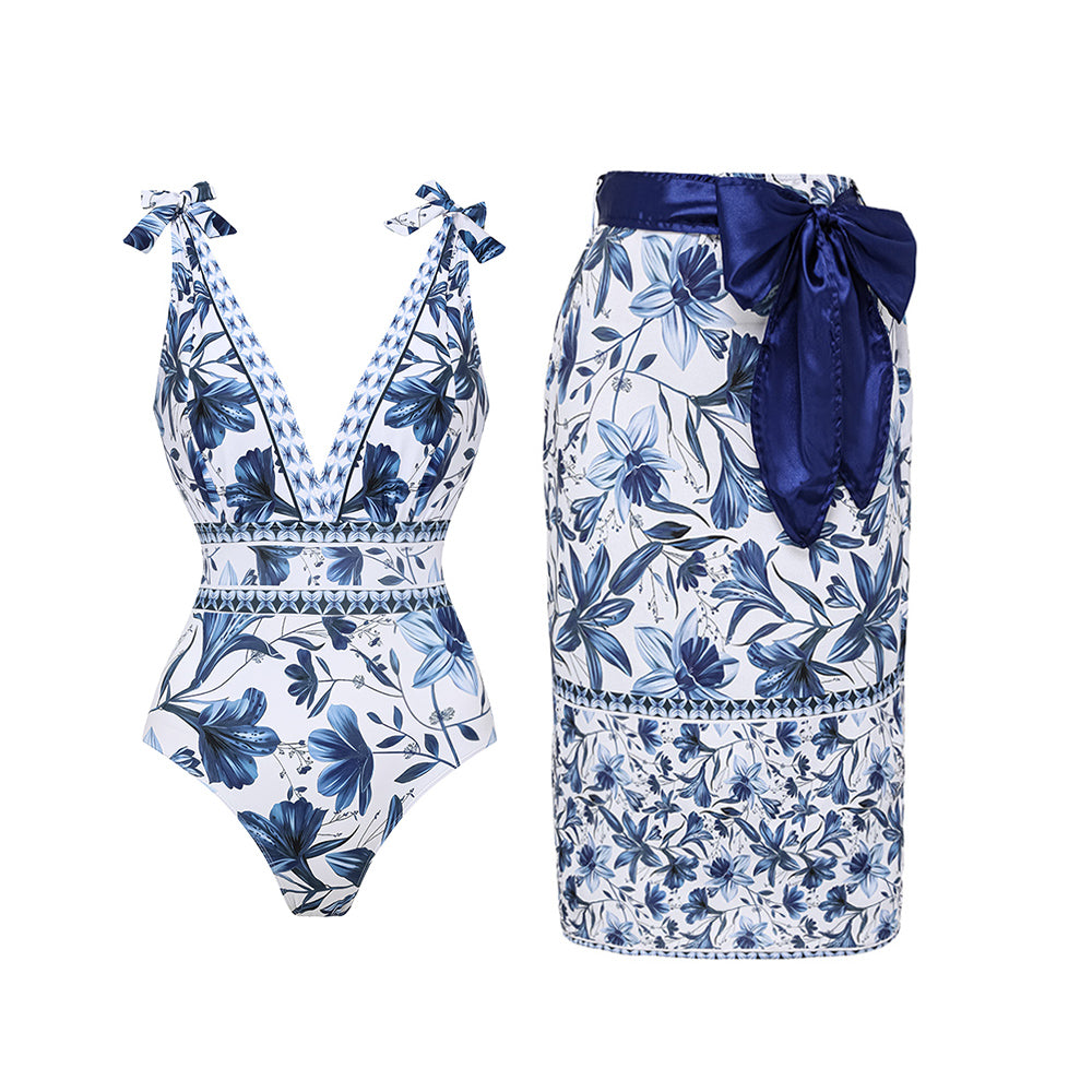 V Neck Lace Up Printed One Piece Swimsuit and Skirt	