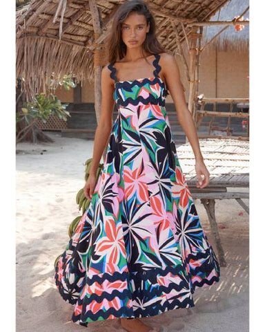 Floral Printed Wave Bandeau Fashion Maxi Dress