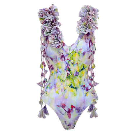 Gradient Flowers Printed One Piece Swimsuit and Skirt
