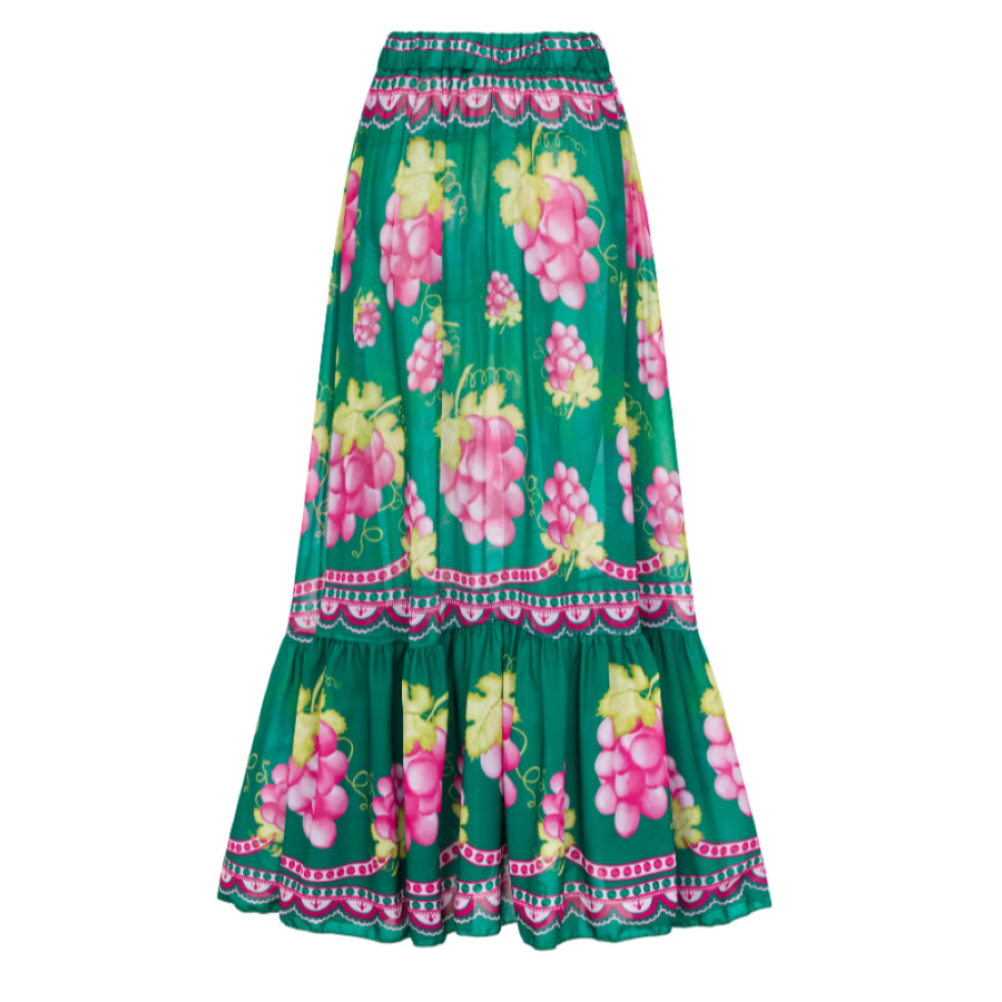 Deep V Retro Green Grapes Print One Piece Swimsuit and Skirt	