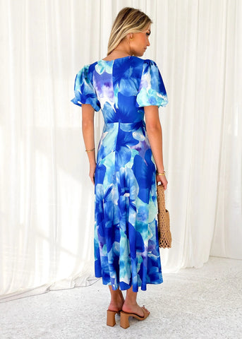 Puff Sleeve Cutout Blossom Printed Dress