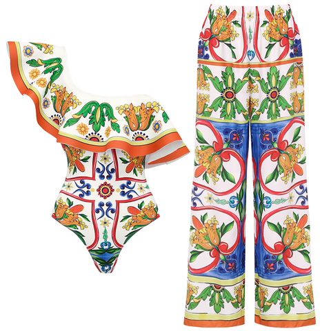 One Shoulder Ruffle Paisley-print One Piece Swimsuit and sarong or Pants