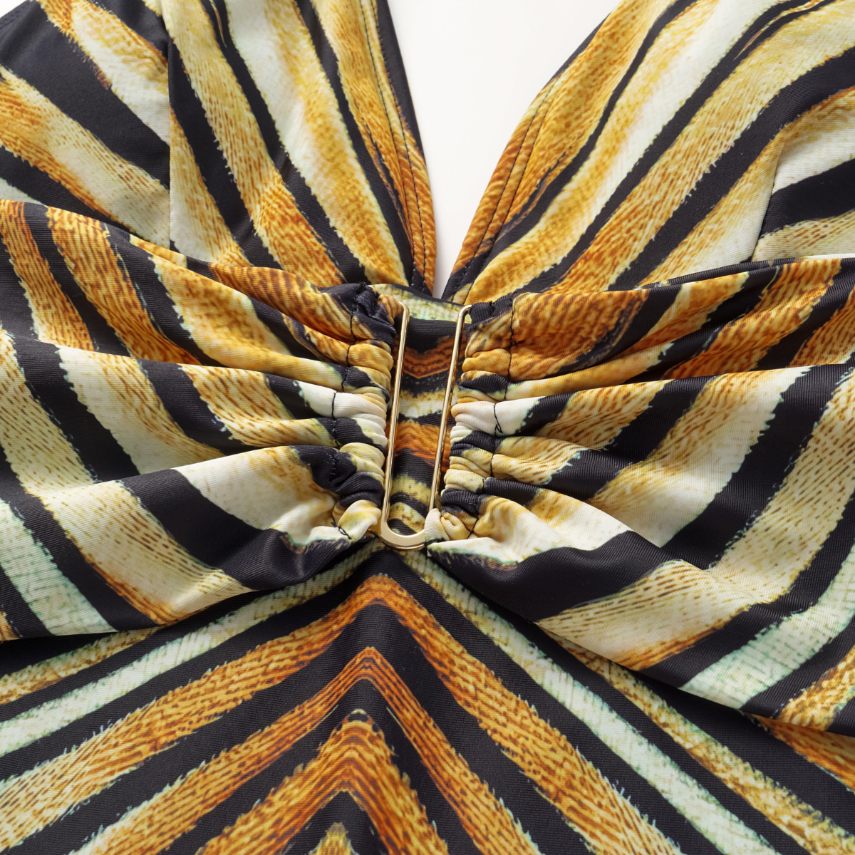 V-neck Tiger Stripe Print One Piece Swimsuit and Skirt	