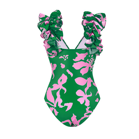 Ruffled Strap Printed One Piece Swimsuit and Skirt