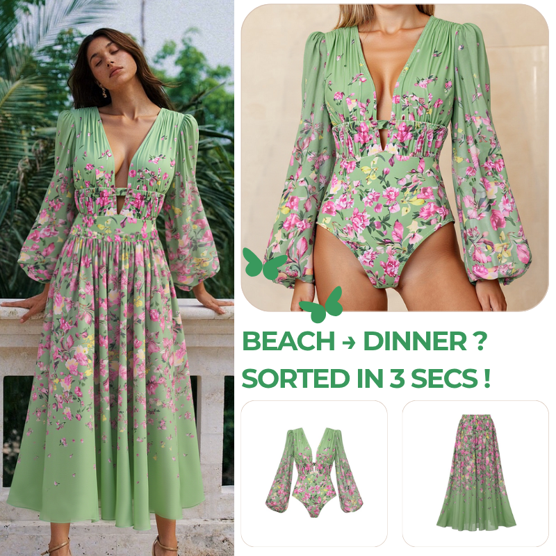 Floral Top & Plunging Ruched Swim Set and Skirt	