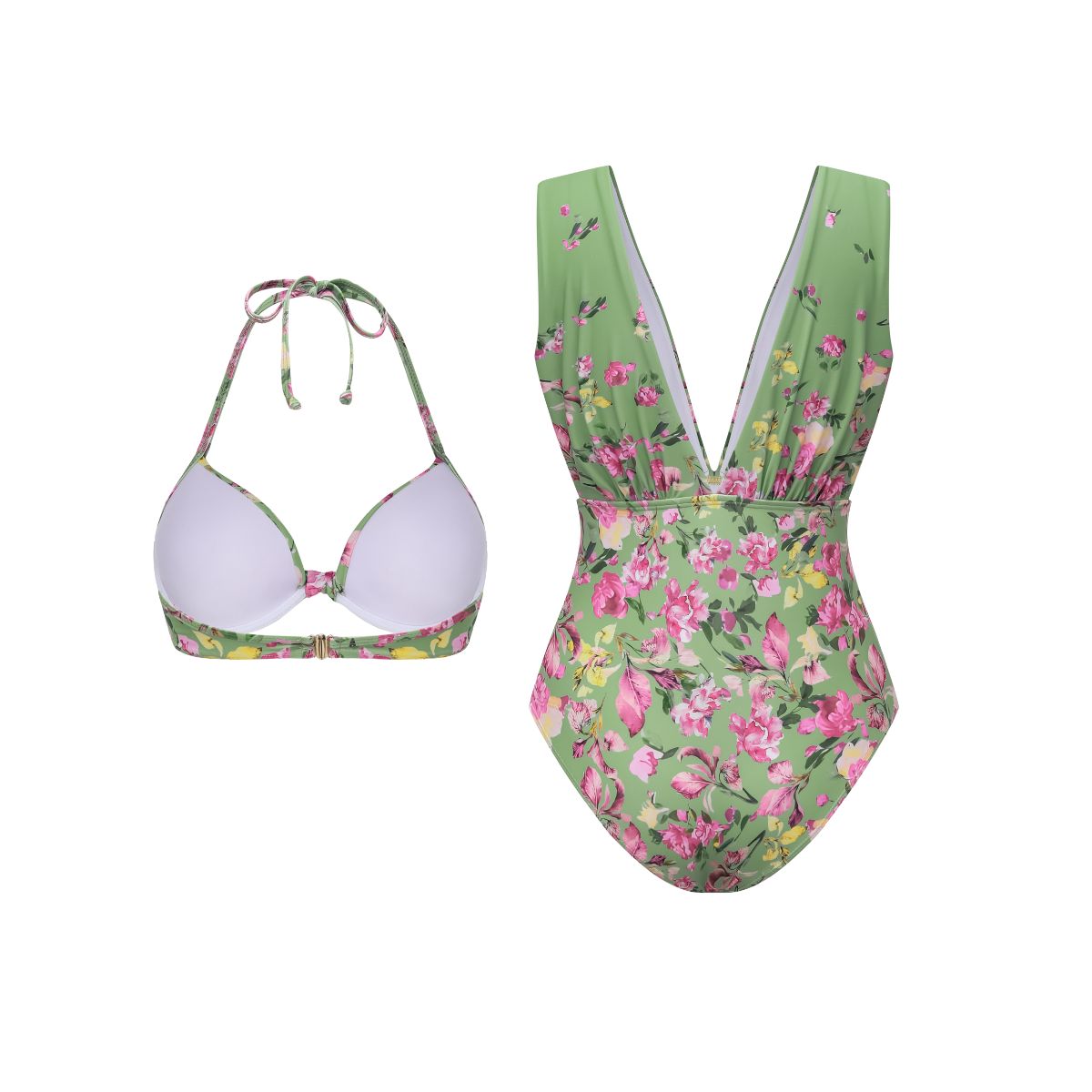 Floral Top & Plunging Ruched Swim Set and Skirt	