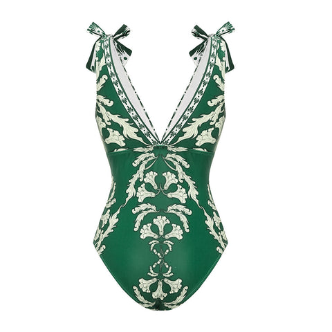 Green V Neck Lace Up Printed One Piece Swimsuit and Skirt