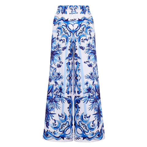 V Neck Majolica Print One Piece Swimsuit and Skirt or Pants