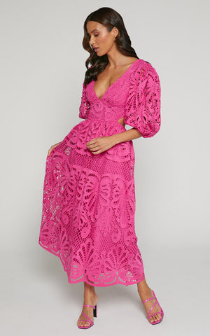 V Neck Puff Sleeve Lace Dress