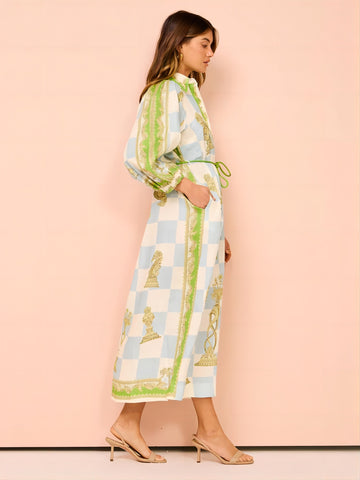 Puff Sleeve Lace Up Printed Dress
