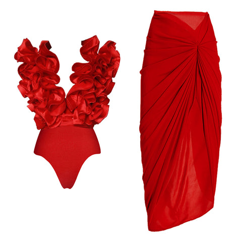 Frilled V Neck Red One Piece Swimsuit and Skirt