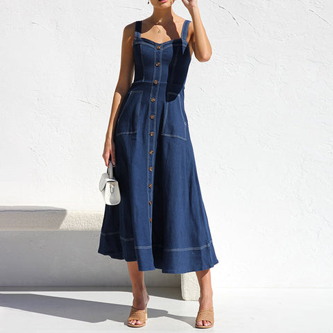 Buttons Sling  Dark Blue Denim Dress