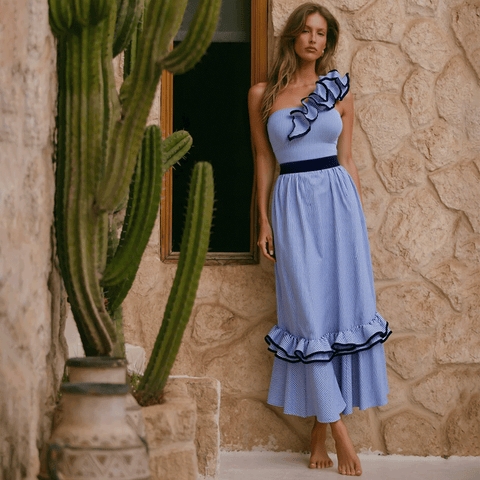One Shoulder Ruffle Stripe Print One Piece Swimsuit and Skirt