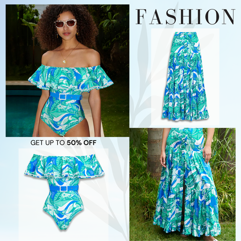 Off Shoulder Ruffled Tropical Print One Piece Swimsuit and Skirt