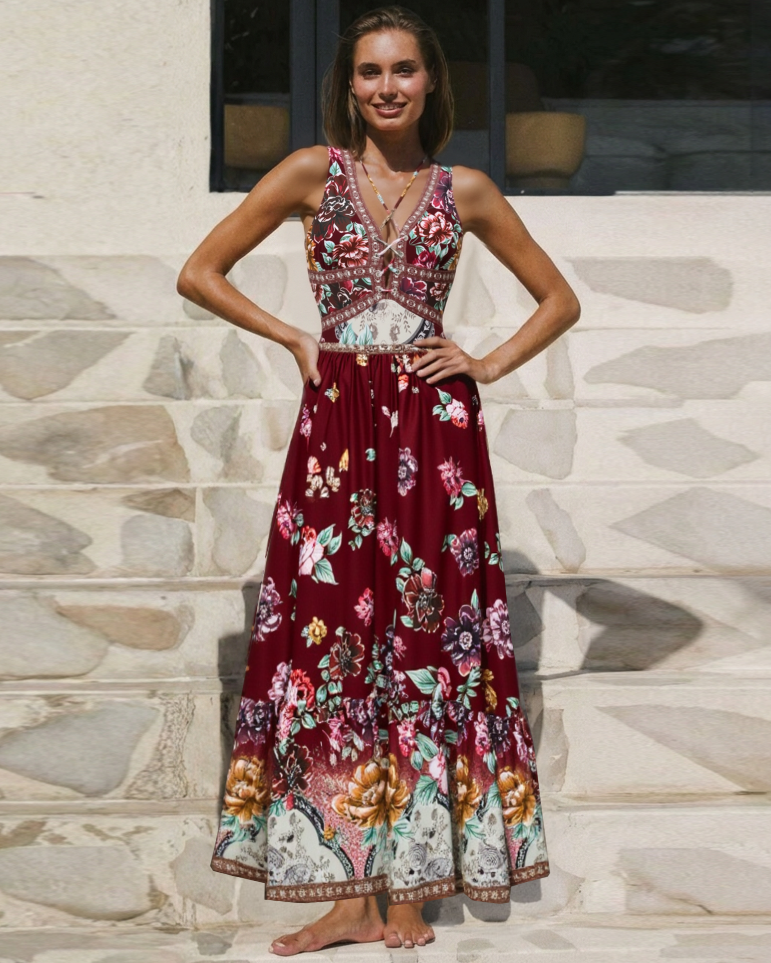 Strap Decoration Peony Print Swimsuit Set(s)	