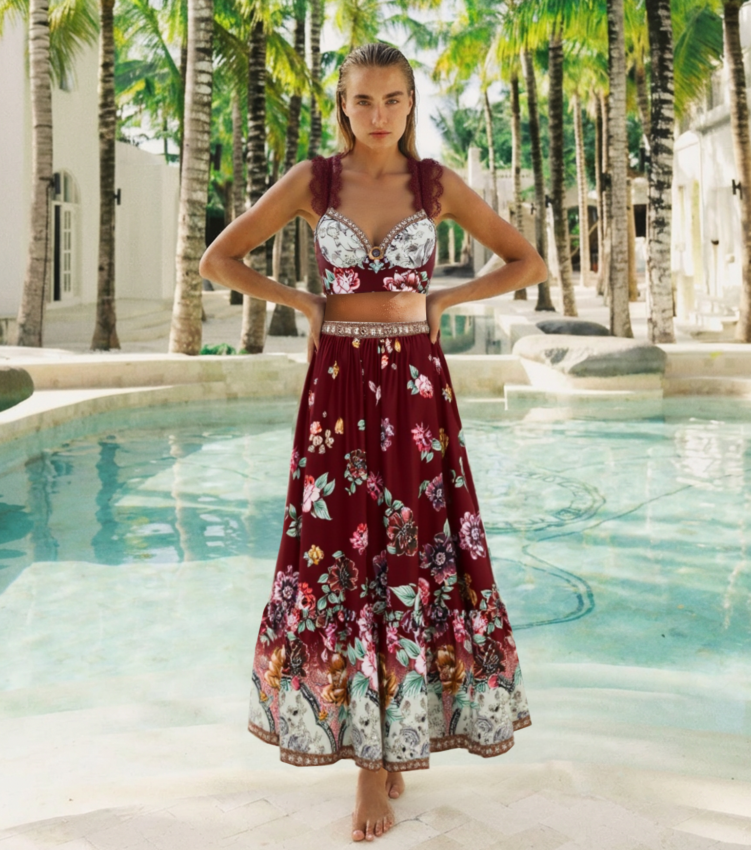 Lace Decoration Peony Print Swimsuit Set(s)	