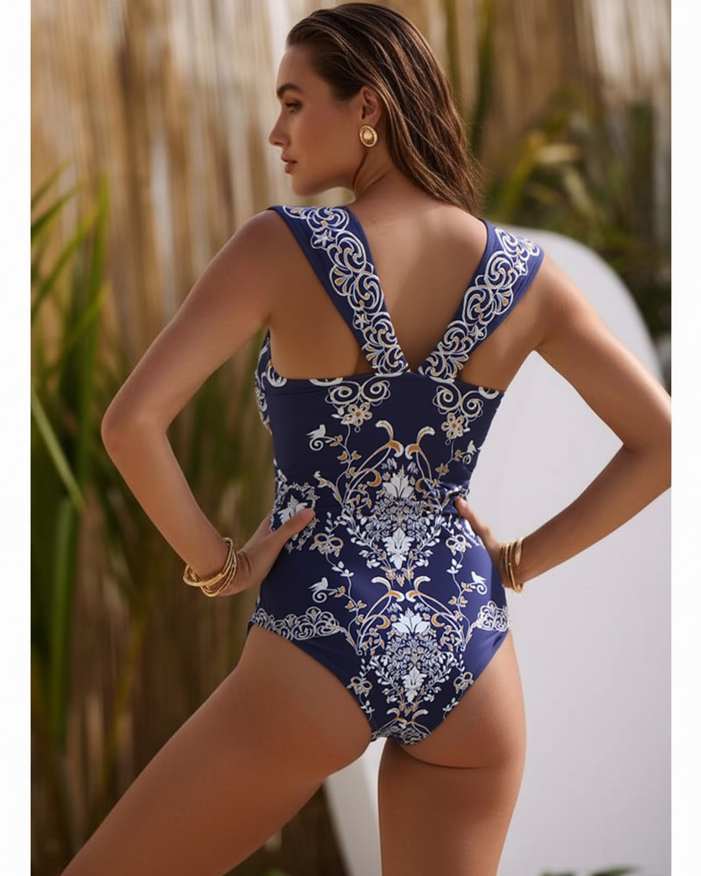 Royal Blue Baroque Print One Piece Swimsuit and Skirt	