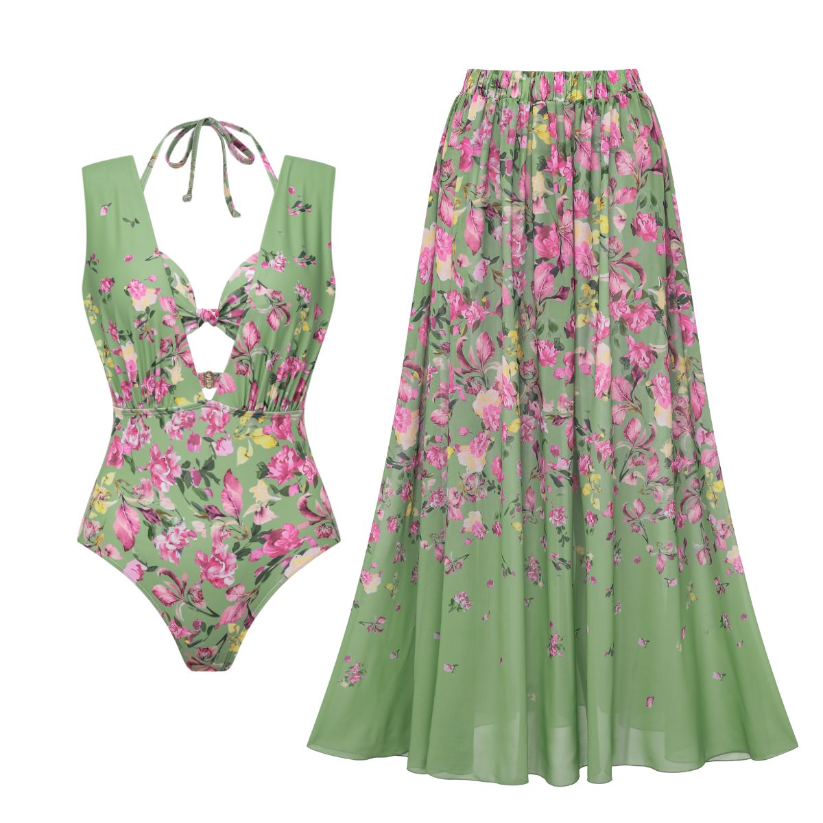 Floral Top & Plunging Ruched Swim Set and Skirt	