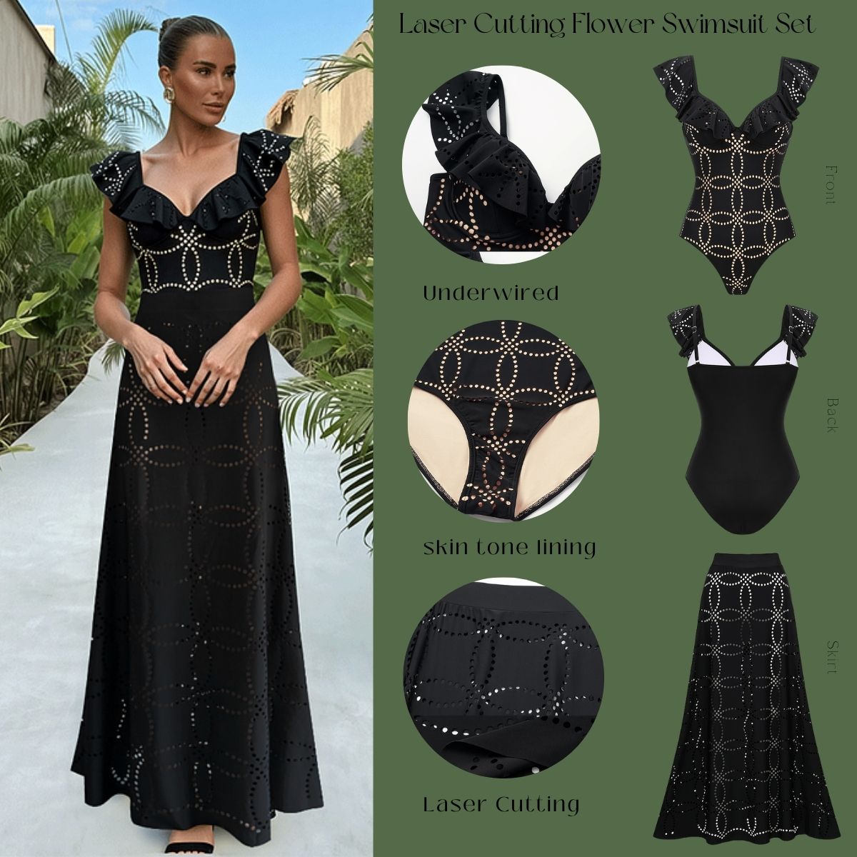 Underwired Black Ruffle Laser Cutting Flower One Piece Swimsuit and Skirt	