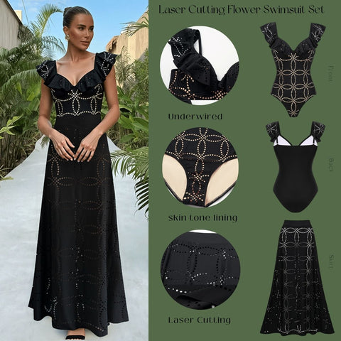 Underwired Black Ruffle Laser Cutting Flower One Piece Swimsuit and Skirt	