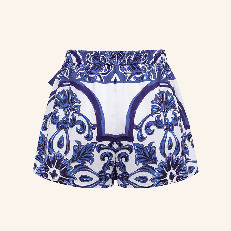 V Neck Classic Majolica Series Pattern Print One Piece Swimsuit and Pants or Shorts	