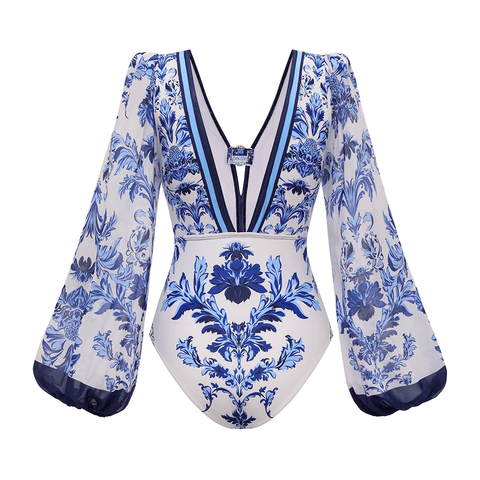 Long Sleeve Flower Color Block Print One Piece Swimsuit and Skirt/Pants