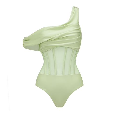 One Shoulder Net Yarn Splicing One Piece Swimsuit and Skirt