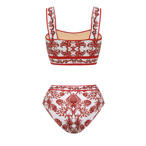 Red Flower Totem Pattern Print Bikini and Skirt	