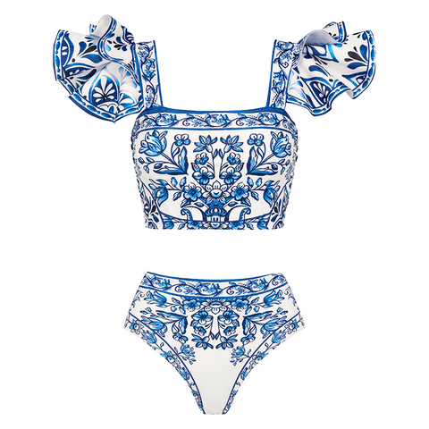 Ruffle Blue and White Porcelain Pattern Majolica Print Bikini Swimsuit and Skirt or Sarong	