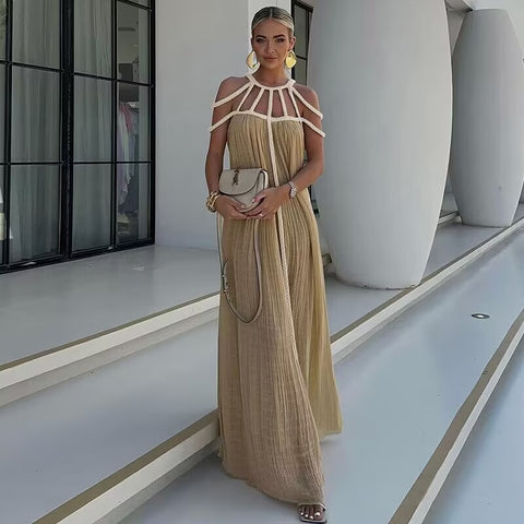 Off Shoulder Halter Maxi Dress(With Belt)