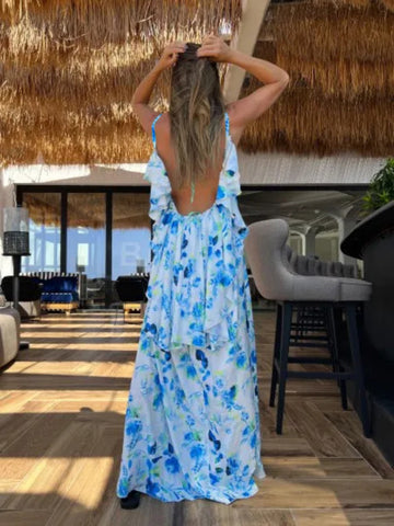 Backless V Neck Slit Printed Dress