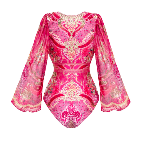 Long-sleeved Rose Red Blooming Flower Print One Piece Swimsuit and Skirt