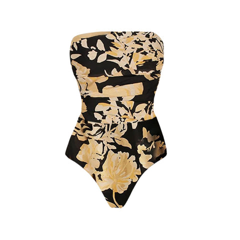 Off Shoulder Flower Printed One Piece Swimsuit and Skirt