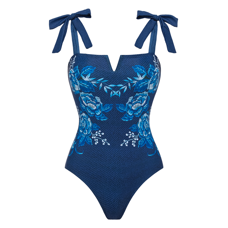 Embroidery Printed Bowknot Shoulder One Piece Swimsuit and Skirt	