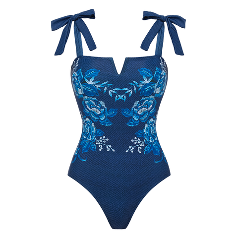 Embroidery Printed Bowknot Shoulder One Piece Swimsuit and Skirt	