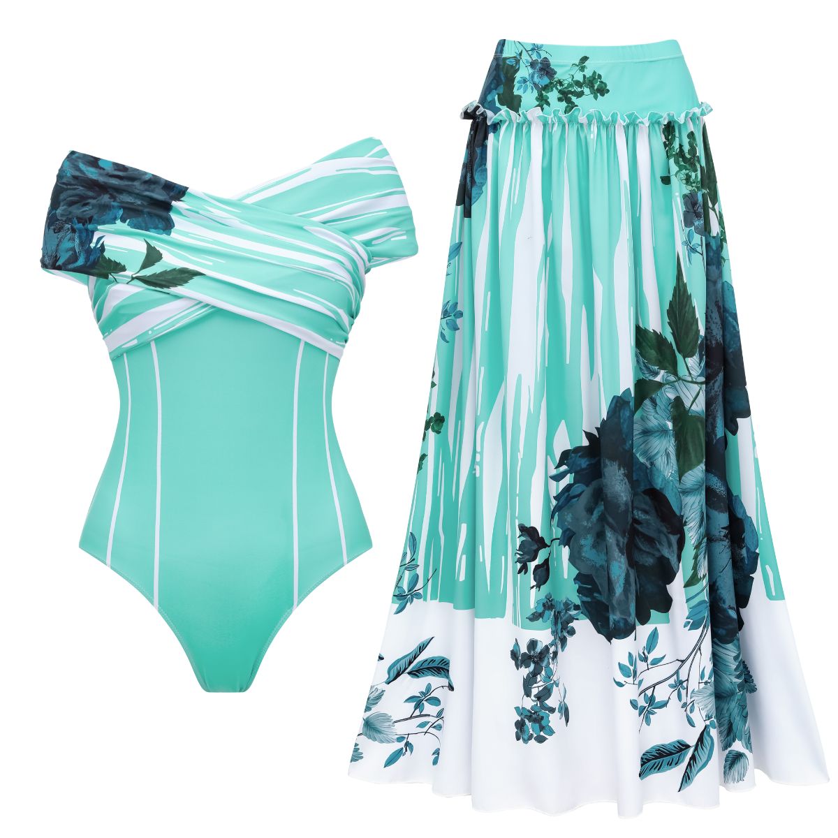 Off Shoulder Blossom Print One Piece Swimsuit and Skirt	