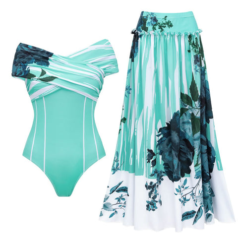 Off Shoulder Blossom Print One Piece Swimsuit and Skirt	