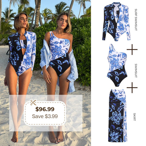 One Shoulder Color Block Printed One Piece Swimsuit and Skirt