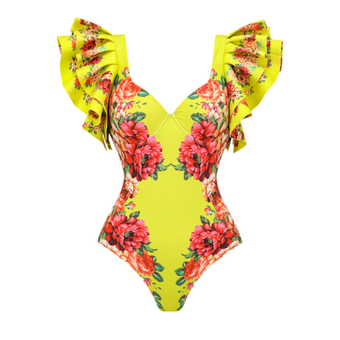 Ruffled Blooming Flower Print One Piece Swimsuit and Skirt