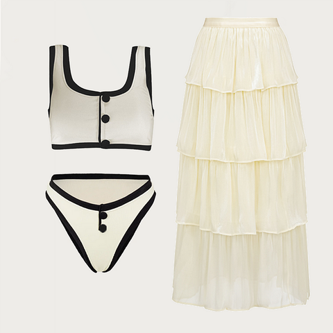 Button Detail Black and White High Waist Bikini Swimsuit