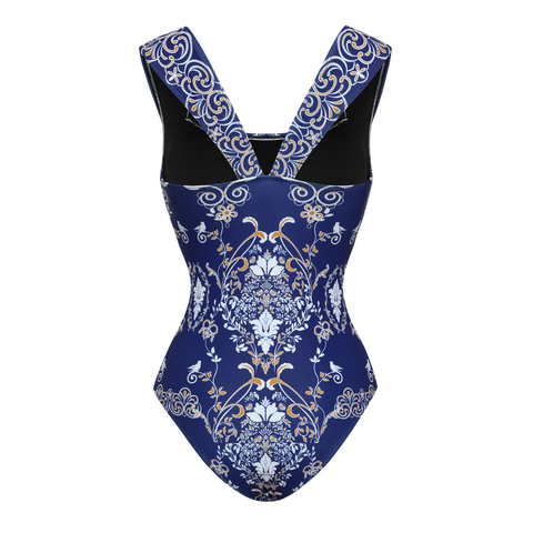Royal Blue Baroque Print One Piece Swimsuit and Skirt	