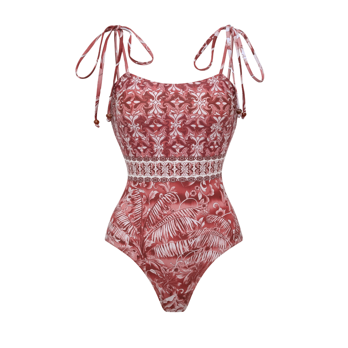 Tie-up Retro Forest Print One Piece Swimsuit and Skirt	