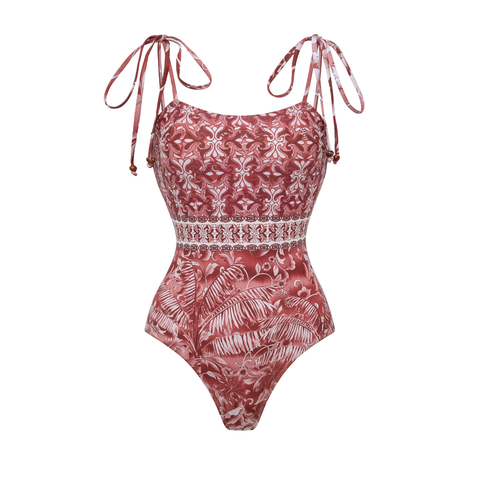 Tie-up Retro Forest Print One Piece Swimsuit and Skirt	