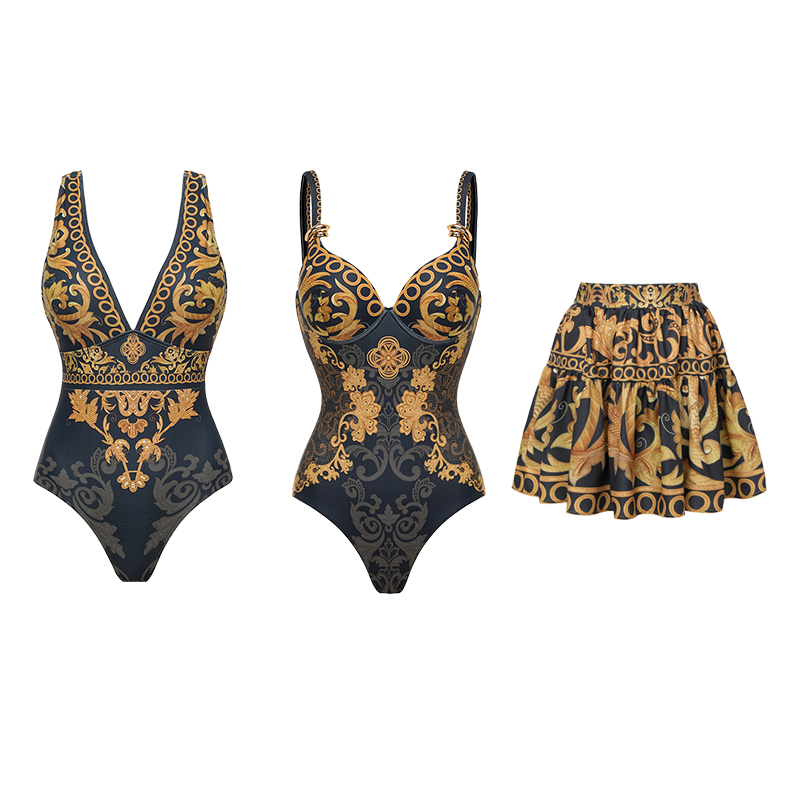 Sling Gold Embroidery Decor One Piece Swimsuit and Skirt	