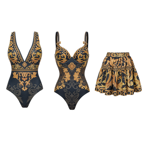 V Neck Gold Embroidery Decor One Piece Swimsuit and Skirt	