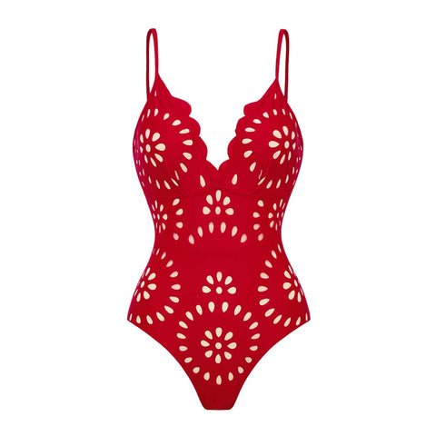 Red Laser Cutting Flower Hollow One Piece Swimsuit and Skirt