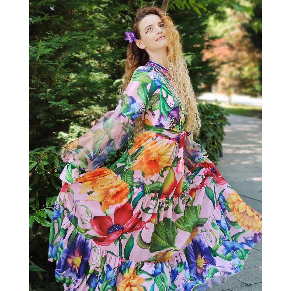 V-neck Long Sleeve Flowers Printed One Piece Swimsuit and Skirt	
