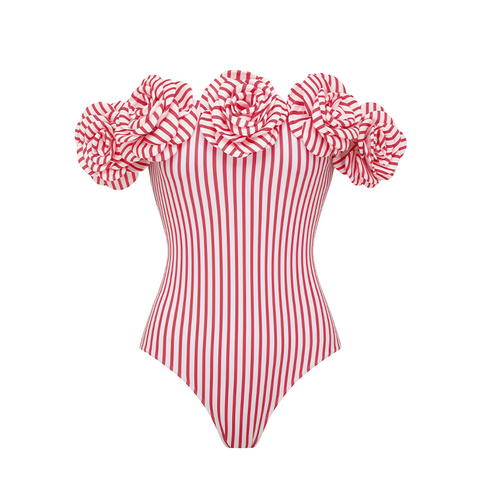 Open Shoulder 3D Flower One Piece Swimsuit and Skirt